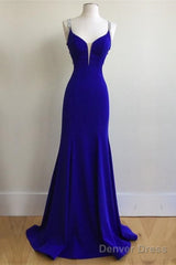 Royal Blue Satin V Neck Mermaid Evening Dresses With Cross Back
