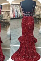 Royal Blue Sequin Beaded Mermaid Prom Dresses Spaghetti Straps