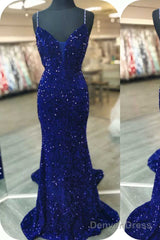 Royal Blue Sequin Beaded Mermaid Prom Dresses Spaghetti Straps