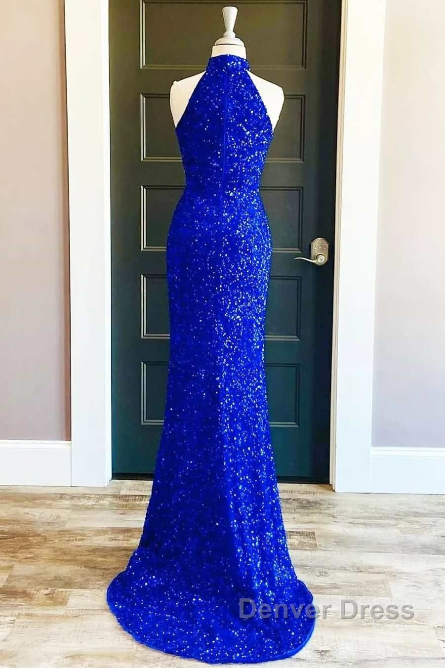 Royal Blue Sequin Halter Long Formal Dresses with Slit Prom Dresses