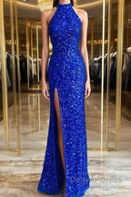 Royal Blue Sequin Halter Long Formal Dresses with Slit Prom Dresses