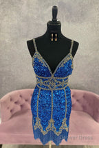 Royal Blue Sequined Homecoming Dresses With Fringes