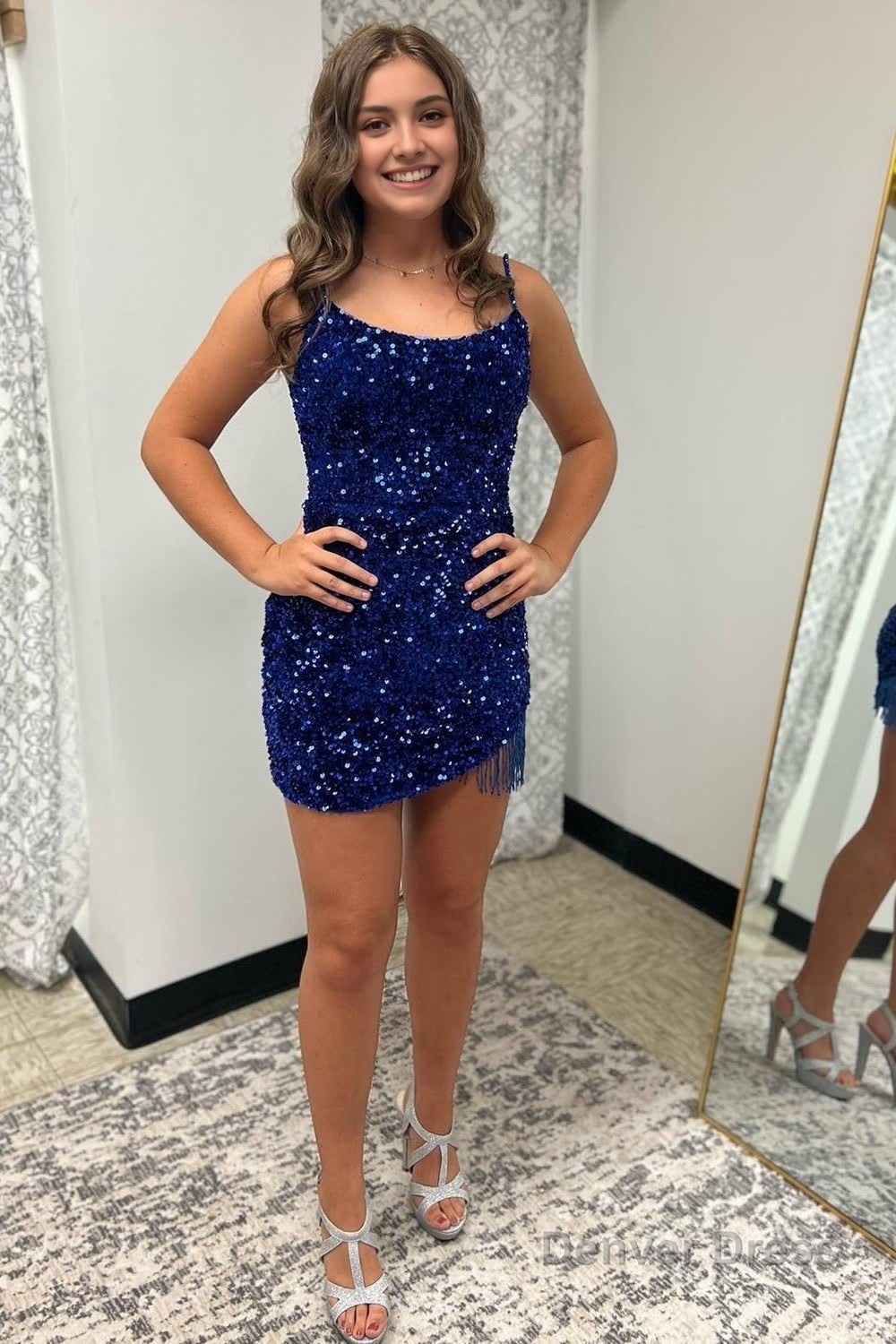 Royal Blue Sequined Tight Homecoming Dresses with Fringes