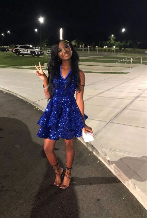 Royal Blue Sequins A Line Homecoming Dress Short Prom Dresses Main image