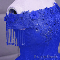 Royal Blue Sequins Beaded Tulle Sweet 16 Dress, Royal Blue Long Formal Dress