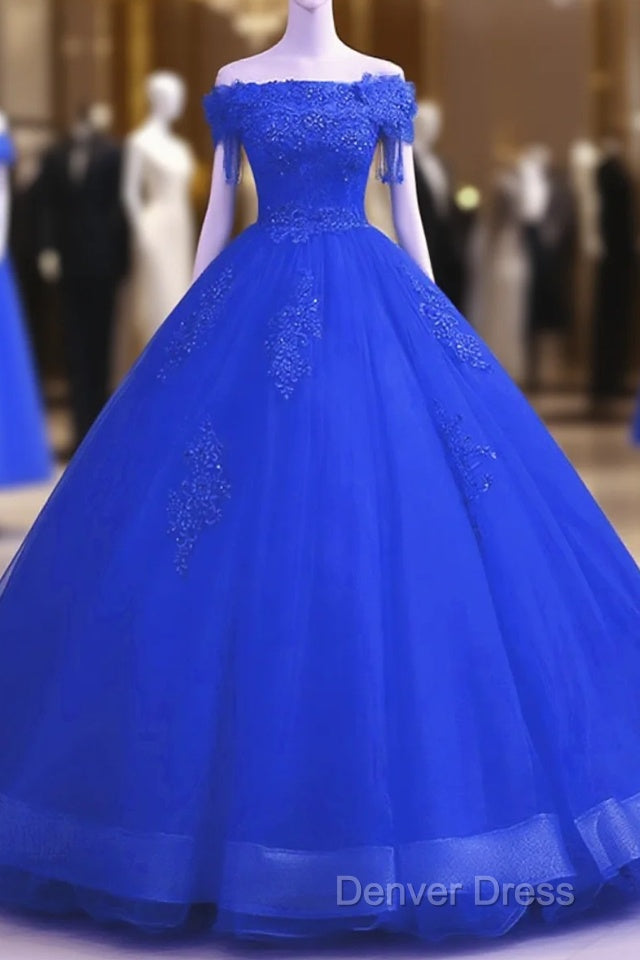 Royal Blue Sequins Beaded Tulle Sweet 16 Dress, Royal Blue Long Prom Dresses Main image