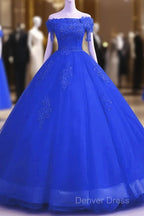 Royal Blue Sequins Beaded Tulle Sweet 16 Dress, Royal Blue Long Prom Dresses