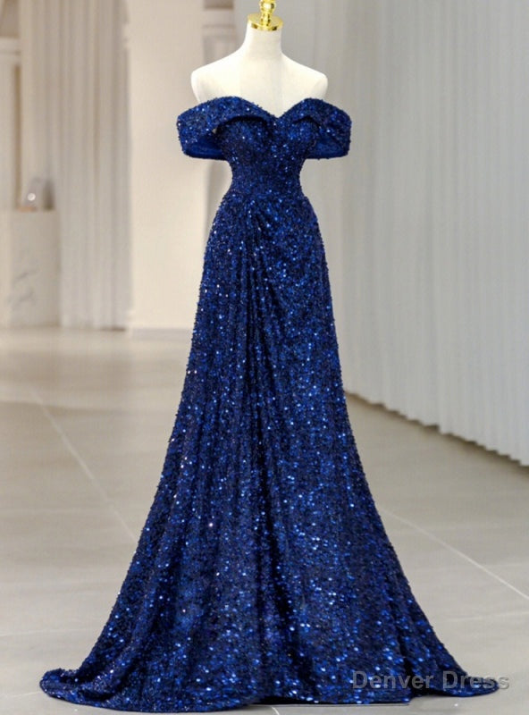 Royal Blue Sequins Off the Shoulder Prom Dress Main image