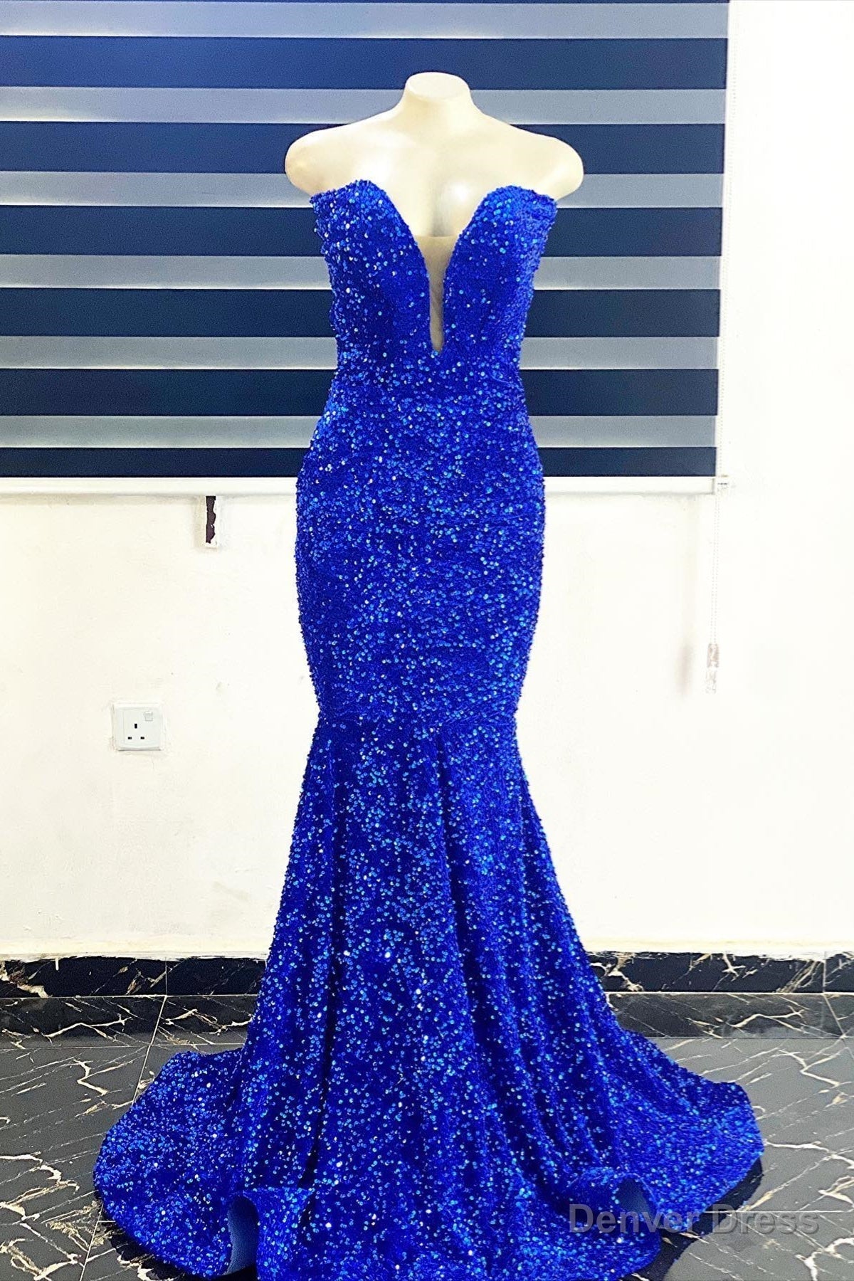 Royal Blue Sequins Strapless Mermaid Long Prom Dress Main image