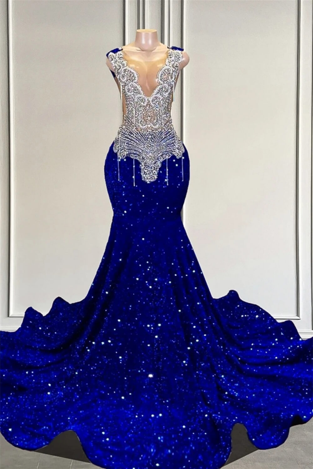 Royal Blue Sleeveless Mermaid Prom Dress With Beadings And Sequins Main image