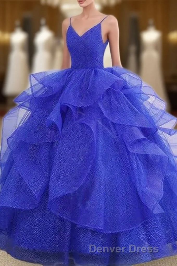 Royal Blue Spaghetti Strap Quinceanera Dresses V-neck with Ruffles Main image