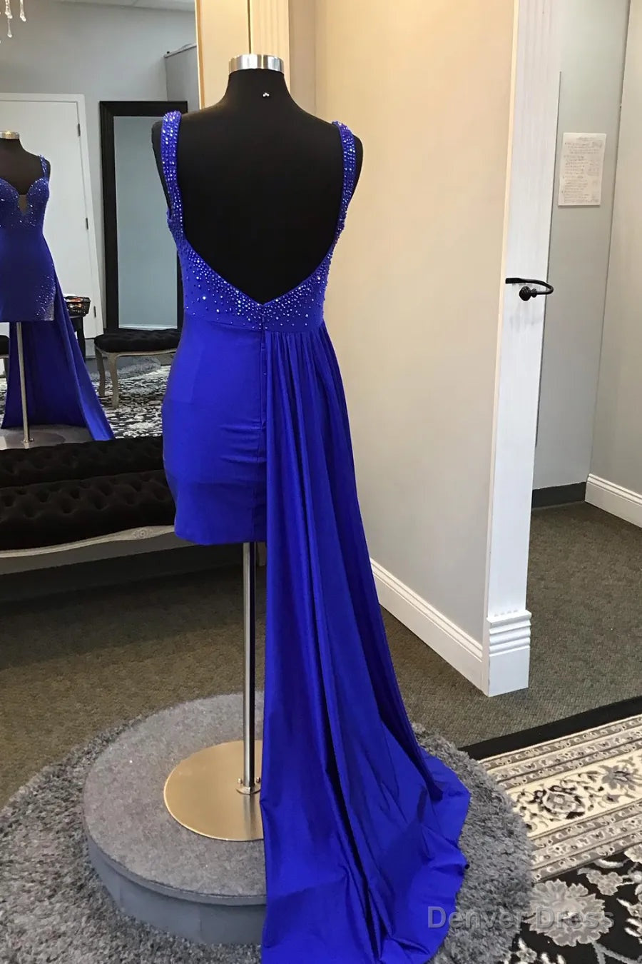 Royal Blue Spaghetti Straps Beaded Bodycon Homecoming Dresses with Open Back Secondary image