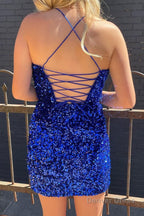 Royal Blue Spaghetti Straps Sequins Tight Homecoming Dresses