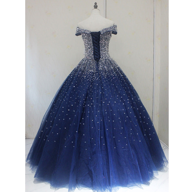 Blue Sparkle Off Shoulder Ball Prom Dress , Handmade Beaded Prom Dresses