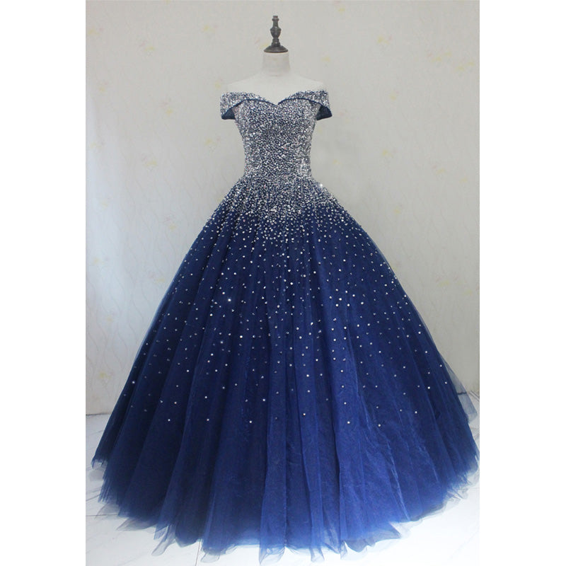 Blue Sparkle Off Shoulder Ball Prom Dress , Handmade Beaded Prom Dresses