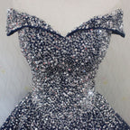 Blue Sparkle Off Shoulder Ball Prom Dress , Handmade Beaded Prom Dresses