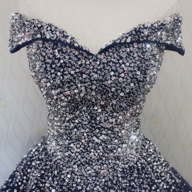 Blue Sparkle Off Shoulder Ball Prom Dress , Handmade Beaded Prom Dresses