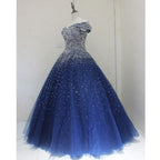 Blue Sparkle Off Shoulder Ball Prom Dress , Handmade Beaded Prom Dresses