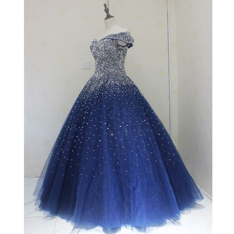 Blue Sparkle Off Shoulder Ball Prom Dress , Handmade Beaded Prom Dresses