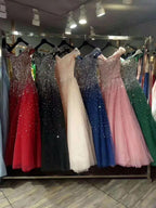 Blue Sparkle Off Shoulder Ball Prom Dress , Handmade Beaded Prom Dresses