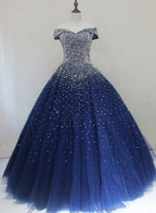 Blue Sparkle Off Shoulder Ball Prom Dress , Handmade Beaded Prom Dresses