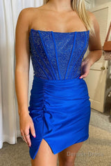 royal blue strapless beaded tight homecoming dress