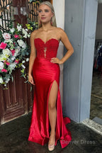 Royal Blue Strapless Lace Mermaid Long Prom Dresses With Slit