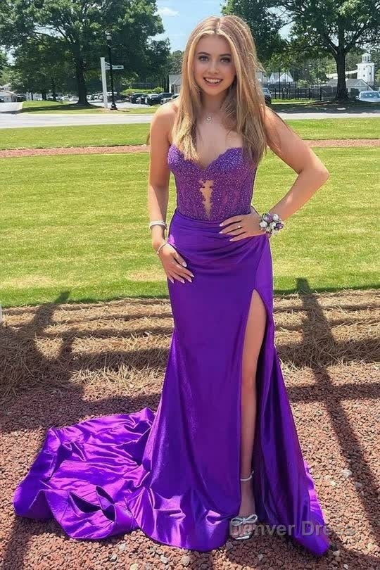 Royal Blue Strapless Lace Mermaid Long Prom Dresses With Slit