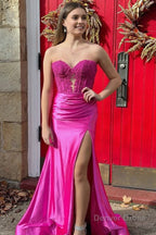 Royal Blue Strapless Lace Mermaid Long Prom Dresses With Slit