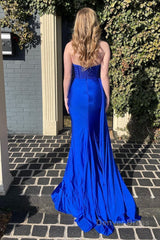 royal blue strapless sequins prom dress with slit