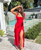 Red Chiffon Prom Dress Long Ruffle Prom Dress