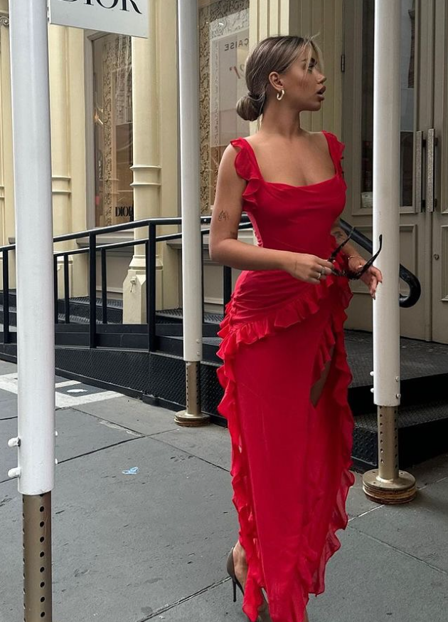 Red Chiffon Prom Dress Long Ruffle Prom Dress