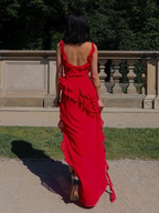 Red Chiffon Prom Dress Long Ruffle Prom Dress