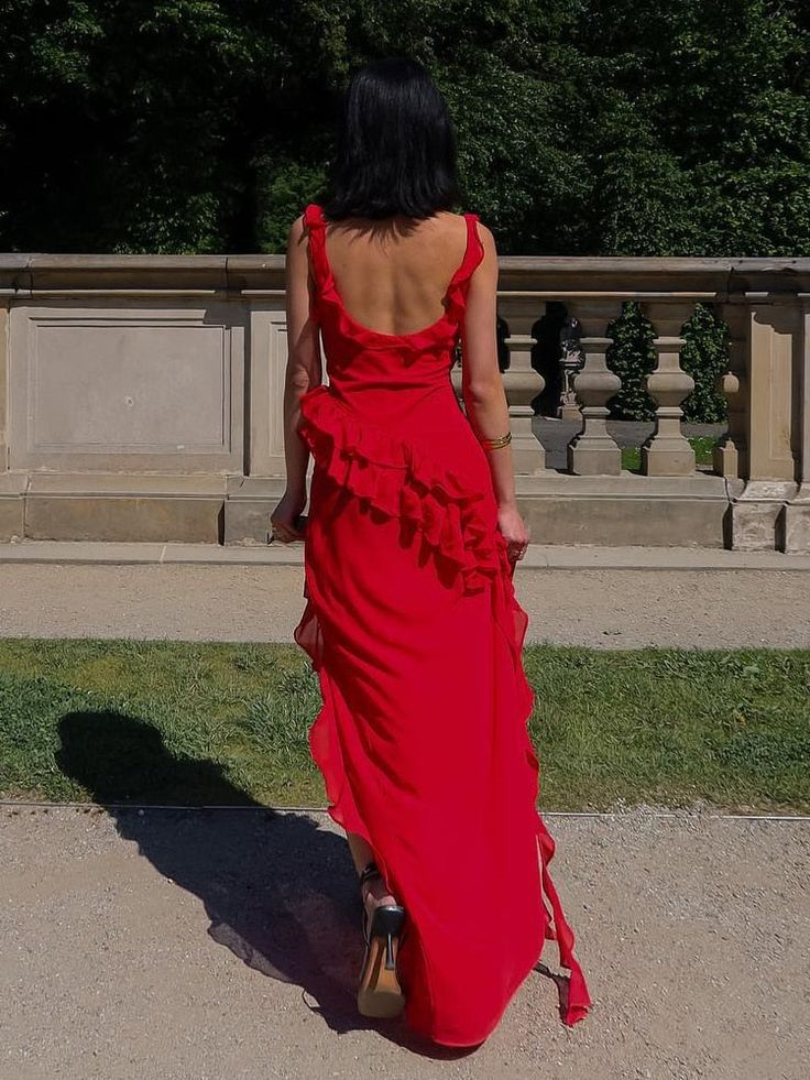 Red Chiffon Prom Dress Long Ruffle Prom Dress