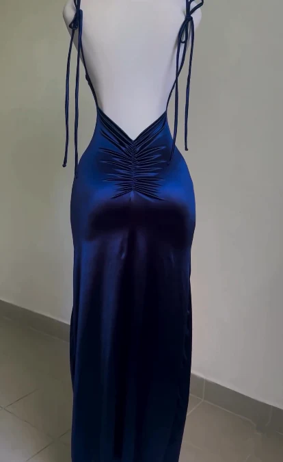 Royal Blue Straps Backless Satin Long Prom Dress