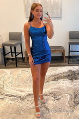 royal blue tight sequins backless homecoming dress