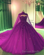 Royal Blue Tulle Ball Gown Prom Dresses With Cape