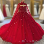 Royal Blue Tulle Ball Gown Prom Dresses With Cape