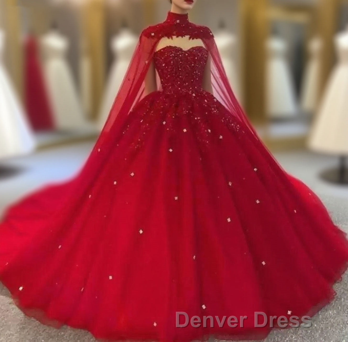 Royal Blue Tulle Ball Gown Prom Dresses With Cape