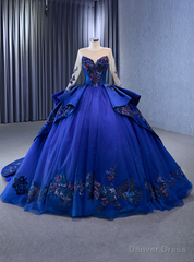 Royal Blue Tulle Long Sleeve Embroidery Prom Dress