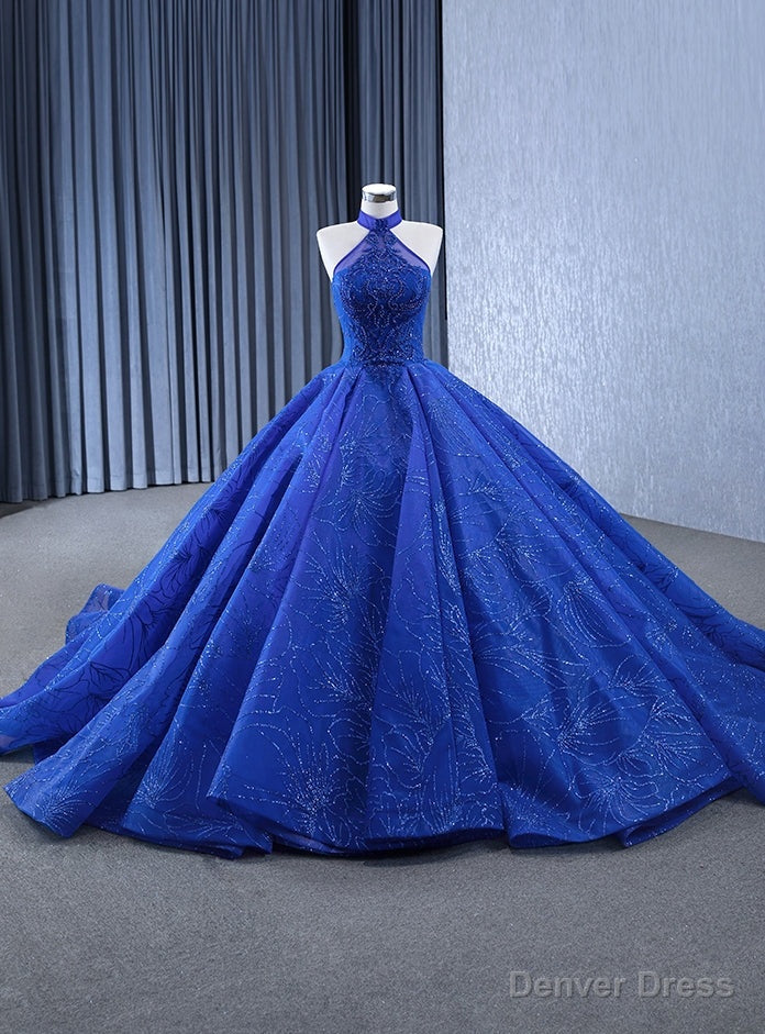 Royal Blue Tulle Sequins Beading Halter Prom Dress Main image