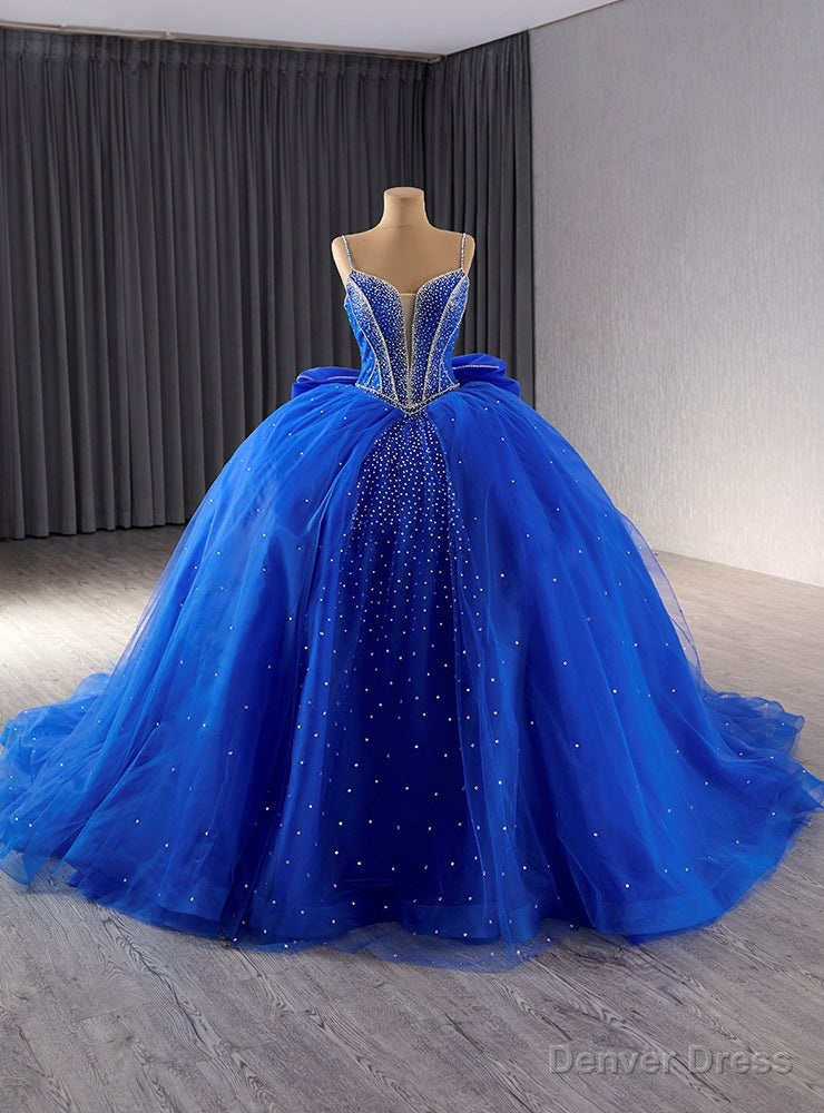 Royal Blue Tulle Spaghetti Straps Beading Prom Dresses Main image