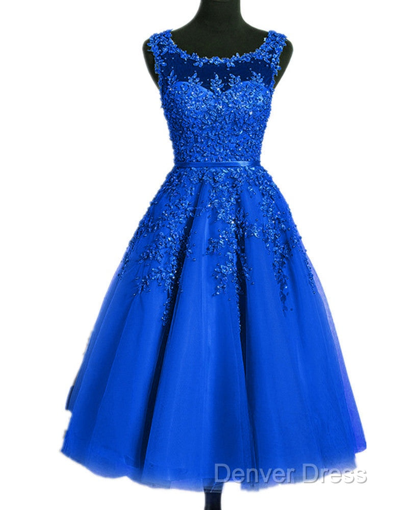 Royal Blue Tulle Tea Length Applique Round Neckline Prom Dress, Blue Wedding Prom Dresses