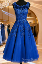Royal Blue Tulle Tea Length Applique Round Neckline Formal Dresses, Blue Wedding Party Dresses