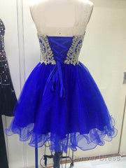 Royal Blue Tulle With Gold Applique, Short Prom Dress, Blue Homecoming Dresses