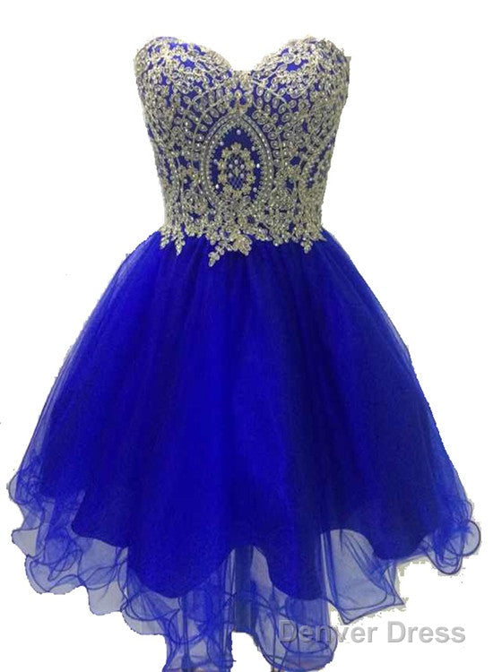 Royal Blue Tulle With Gold Applique, Short Prom Dress, Blue Homecoming Dresses