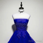 Royal Blue Tulle with Lace Applique High Low Prom Dress, Blue Homecoming Dresses
