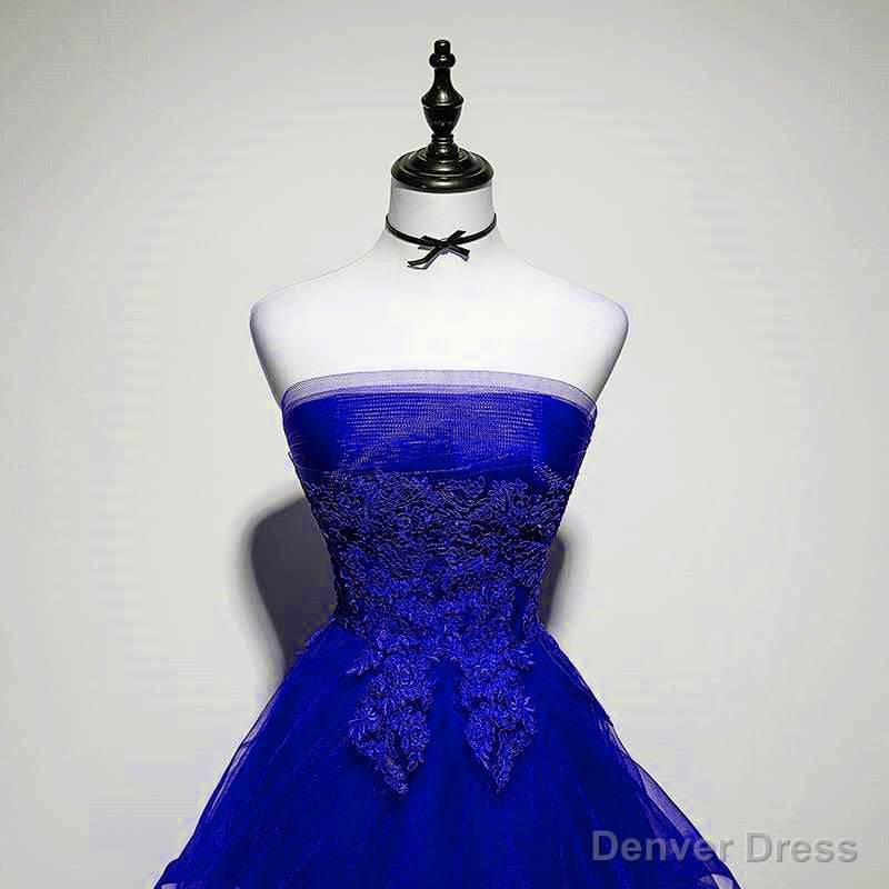 Royal Blue Tulle with Lace Applique High Low Prom Dress, Blue Homecoming Dresses