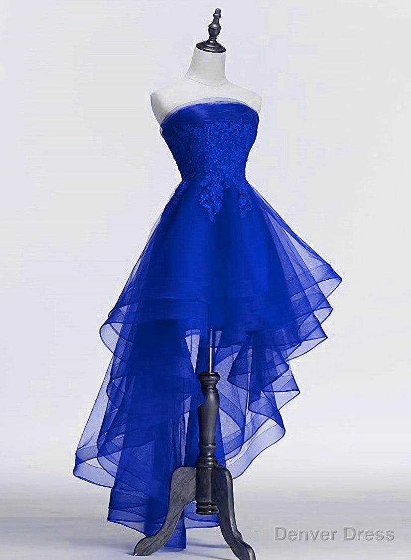 Royal Blue Tulle with Lace Applique High Low Prom Dress, Blue Homecoming Dresses