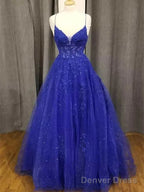 Royal Blue Tulle With Lace Applique Straps Long Party Dress, Royal Blue Prom Dress